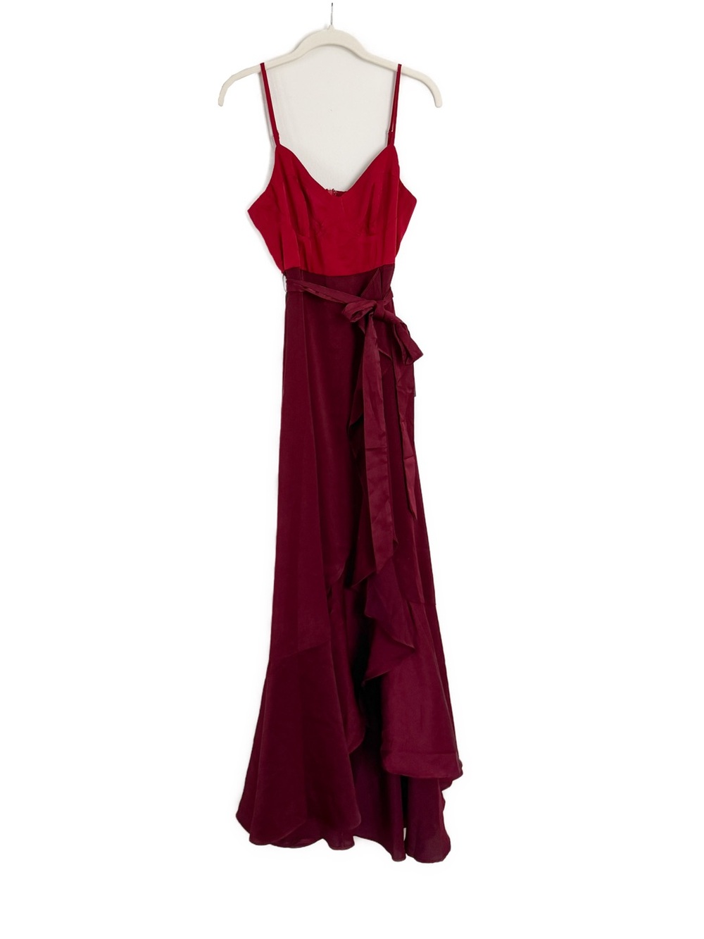 Lulus Double Darling Burgundy Color Block Satin Ruffled Maxi Dress Medium NWT - Picture 5 of 7